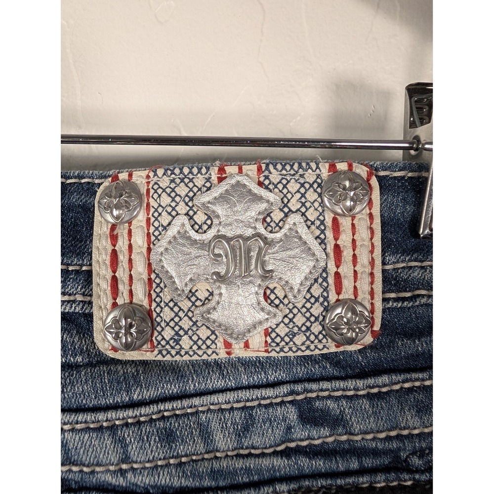 Miss Me Distressed Skinny Jeans in Dark Blue with Red Patch Accents - Picture 2 of 16